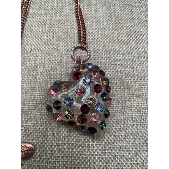 Betsey Johnson Lucite Crystal Puffed Heart Pendant Necklace 34" Valentines Gift - Picture 5 of 8